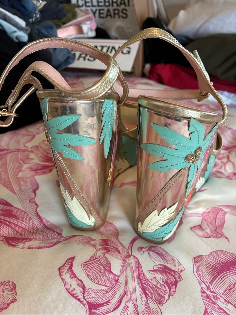 kate spade Gold Platform Wedge Sandals with Pink Flamingo and Teal Leaf Accents - Picture 3 of 8